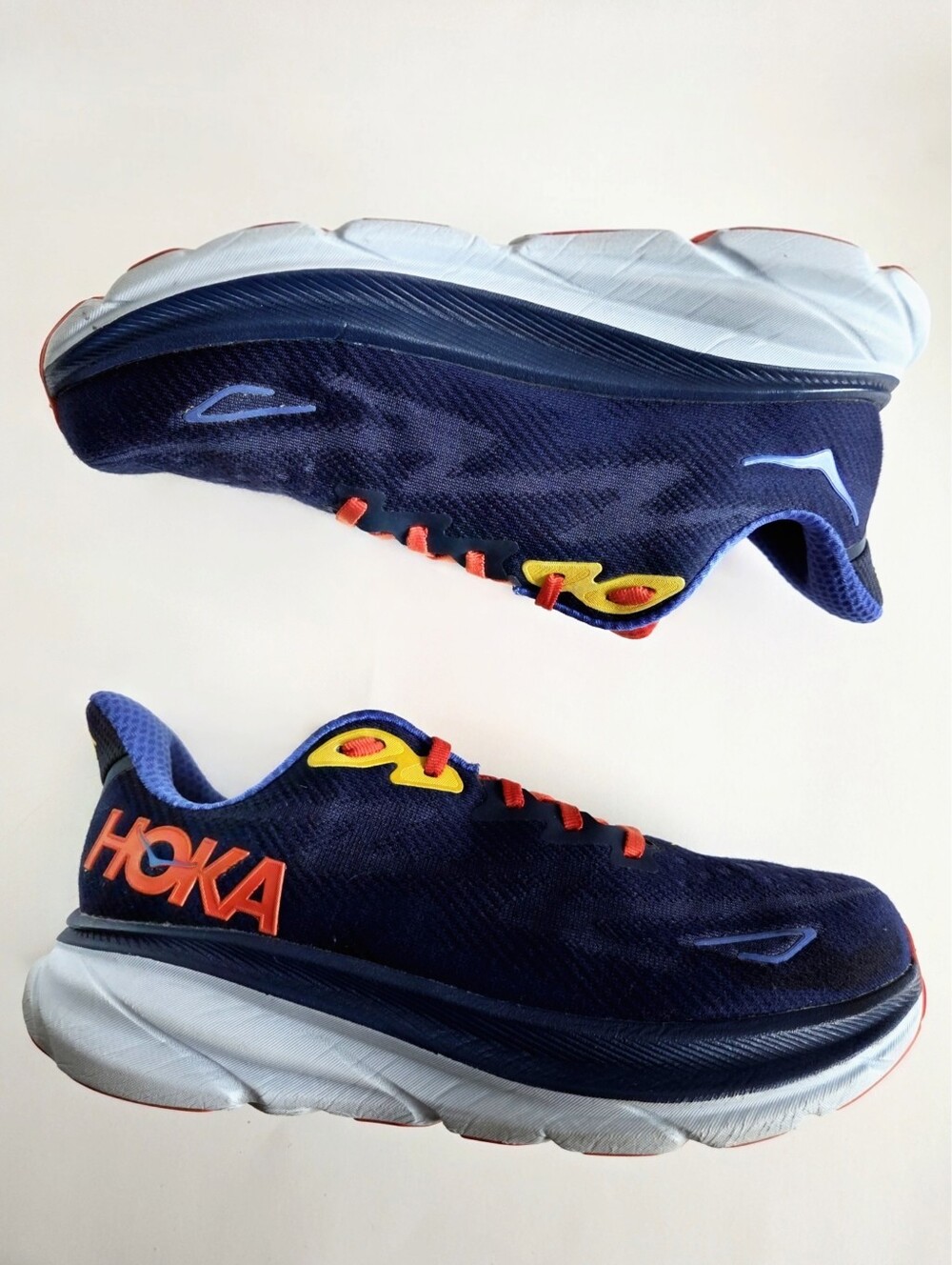 Hoka (8 Wide) Clifton 9 Road Running Shoes, Navy Blue Orange & Yellow - Picture 7 of 15